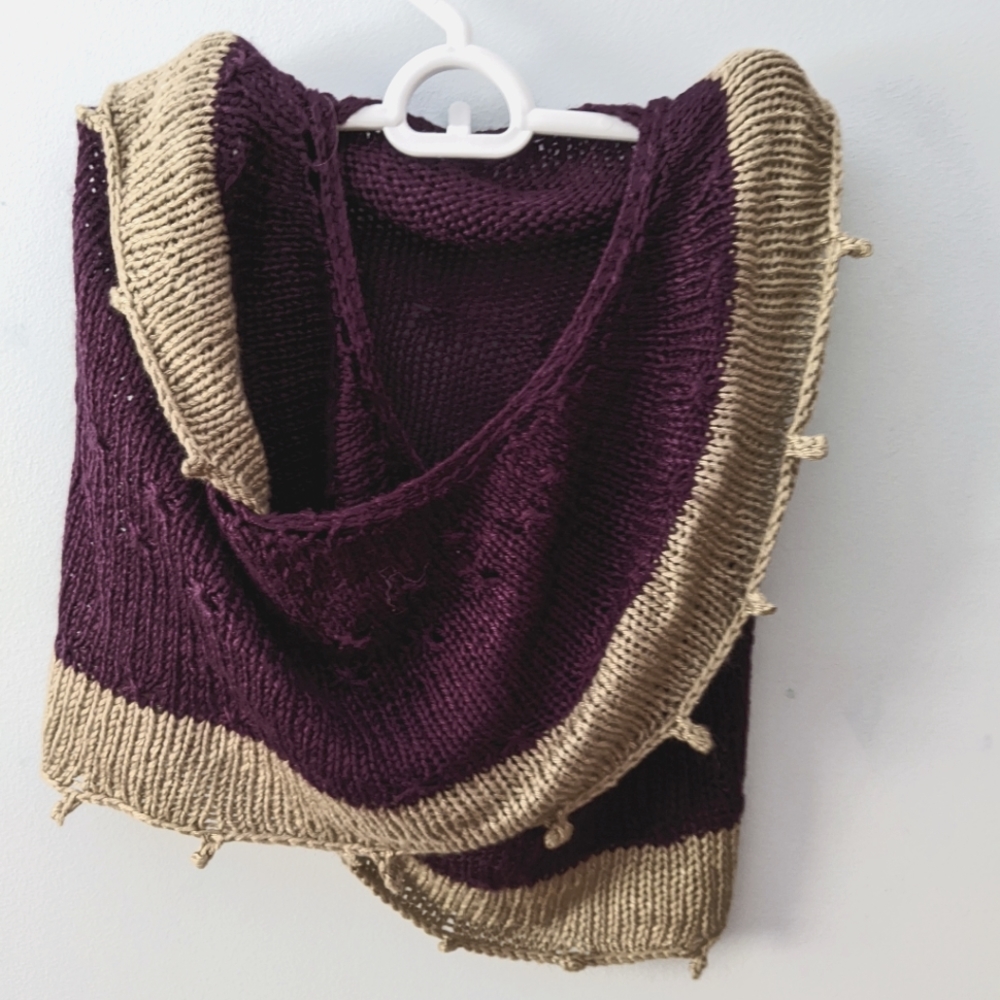 Hand Knit Plum and Tan Color Unisex Elegant Crescent Wrap, silk bamboo yarn